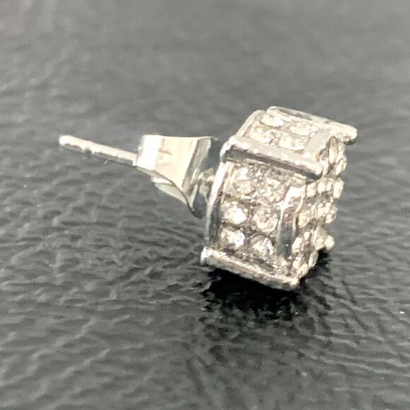 Sparkly White Gold Plated Silver Tone CZ Stud Earrings, Pavé Crystal Bling, Gift - Picture 7 of 9